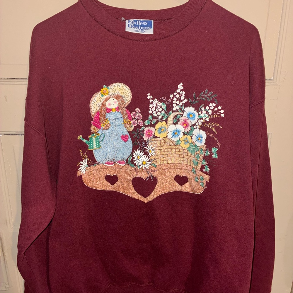 Endless Designs Vintage Burgundy Floral Pullover Sweatshirt with Heart Shelf